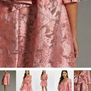 ANTHROPOLOGIE EVA FRANCO PINK JACQUARD METALLIC BABY DOLL BOW DRESS 6